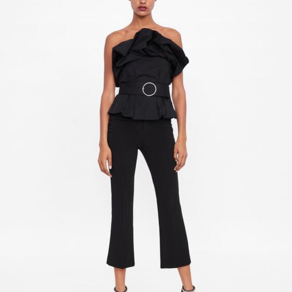 NWT! Zara Black Strapless Flowy Belted Top, Size XS